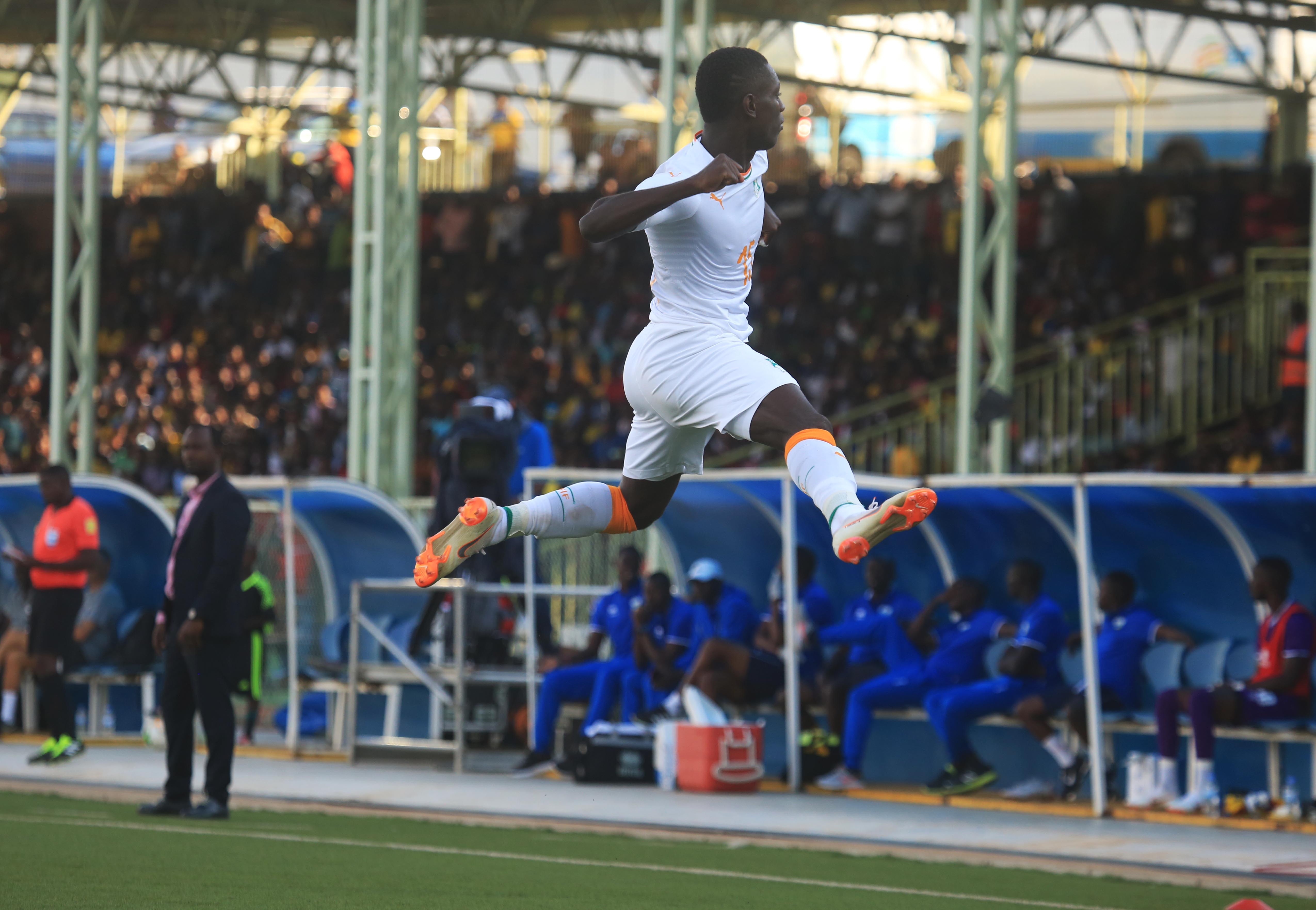 Toulouse FC forward Max Alain Gradel in solo celebration of the second goal at Kigali Stadium