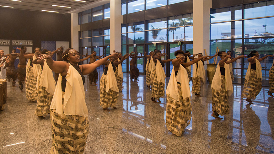 Inganzo Ngali culture troupe entertain guests during the launch of Ground Handling International Conference in Kigali yesterday.  Nadege Imbabazi.