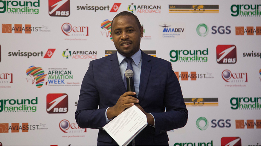 State Minister in Charge of Transport, Jean de Dieu Uwihanganye speaks during the opening ceremony of Africa Ground Handling International Stakeholders' Conference yesterday.