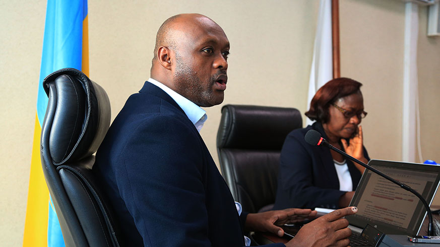RSSB head of Community Based Health Insurance Department Alexis Rulisa addresses media about Mutuelle de Santu00e9 yesterday. Looking on is Dr Alivera Mukabaramba, Minister for Social Affairs and Welfare. Sam Ngendahimana.