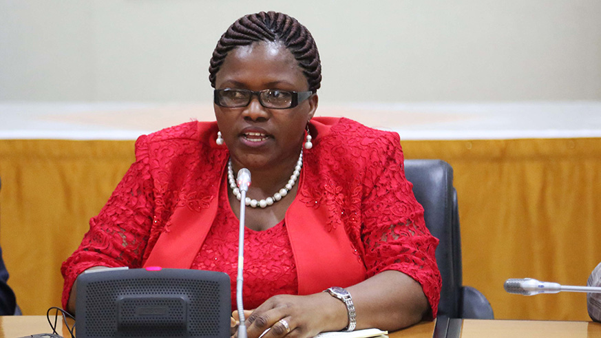 Minister Jeanne du2019Arc De Bonheur during a past news briefing. Sam Ngendahimana.