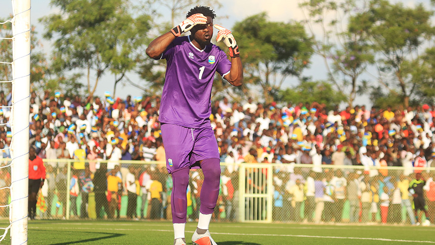 South African based Rwandan goalkeeper Kwizera communicates with his teammates during the match against Ivory Coast at Kigali stadium on sunday. Sam Ngendahimana.