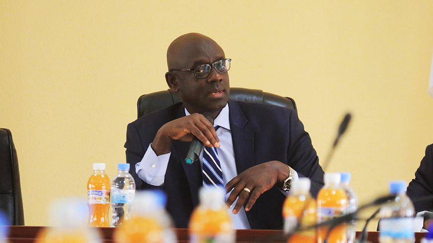 Minister for Justice and Attoney General Johnston Busingye during a news conference last month.  Sam Ngendahimana.