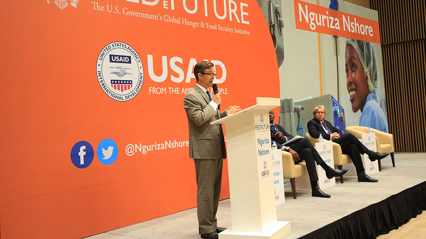 Amb. Peter H. Vrooman,  the United States envoy to Rwanda, gives his remarks during the launch of  Nguriza Nshore programme at Kigali Cnvention Center yesterday. Sam Ngendahimana.