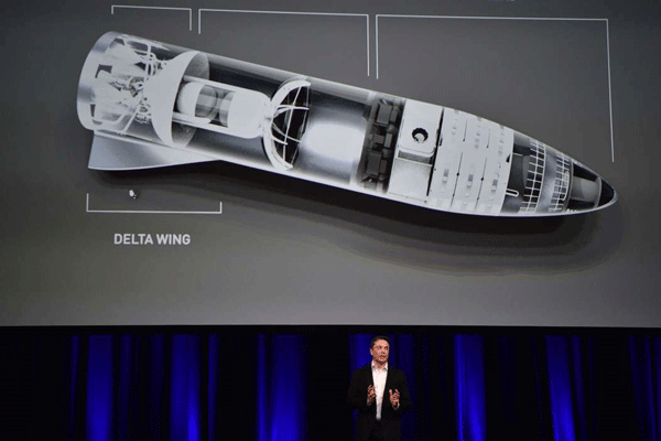 Billionaire entrepreneur and founder of SpaceX Elon Musk speaks about a computer generated illustration of his new rocket at the 68th International Astronautical Congress 2017 in Adelaide. Net photo.