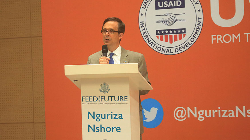 US Ambassador to Rwanda, Peter Vrooman, gives his remarks during the launch of Nguriza Nshore Programme in Kigali last week. Sam Ngendahimana. 