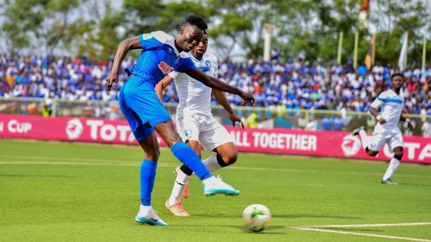 Bonfils Caleb Bimenyimana scored Rayon Sportsu2019 only goal during the 5-1 defeat yesterday. The Burundian striker is seen here attempting a strike outside the box during the first-leg in Kigali. File. 
