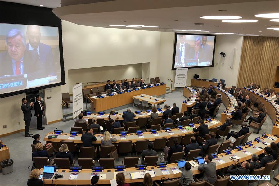 Photo taken on Sept. 23, 2018 shows a forum to launch the Famine Action Mechanism at the UN headquarters in New York. Guterres hailed the World Bank-United Nations Famine Action Mechanism (FAM). 
