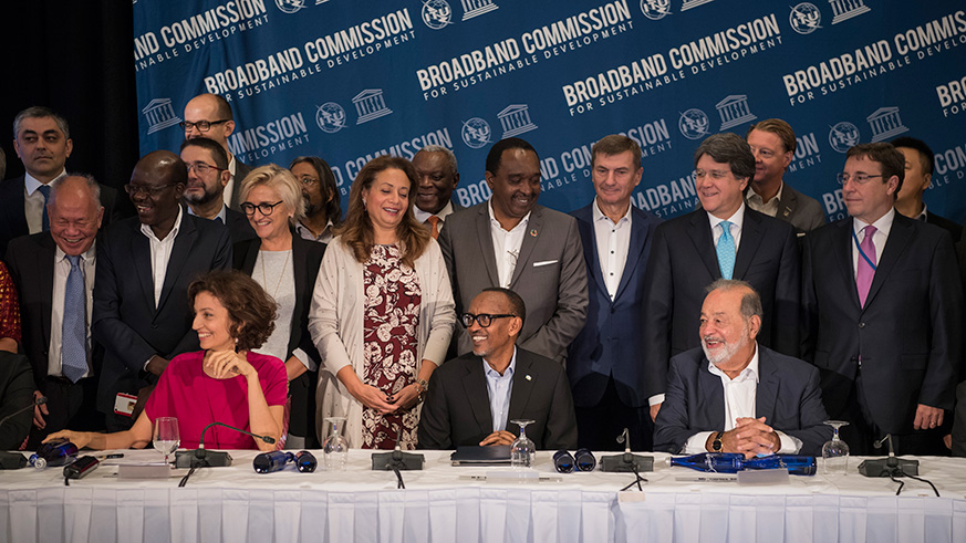 President Kagame and his Broadband Commission co-chair Carlos Slim Helu00fa, a Mexican billionaire (right), and UNESCO Director General Audrey Azoulay pose for a group picture with commissioners and other delegates at the Broadband Commission meeting on the sidelines of the UN General Assembly in New York yesterday. Village Urugwiro.