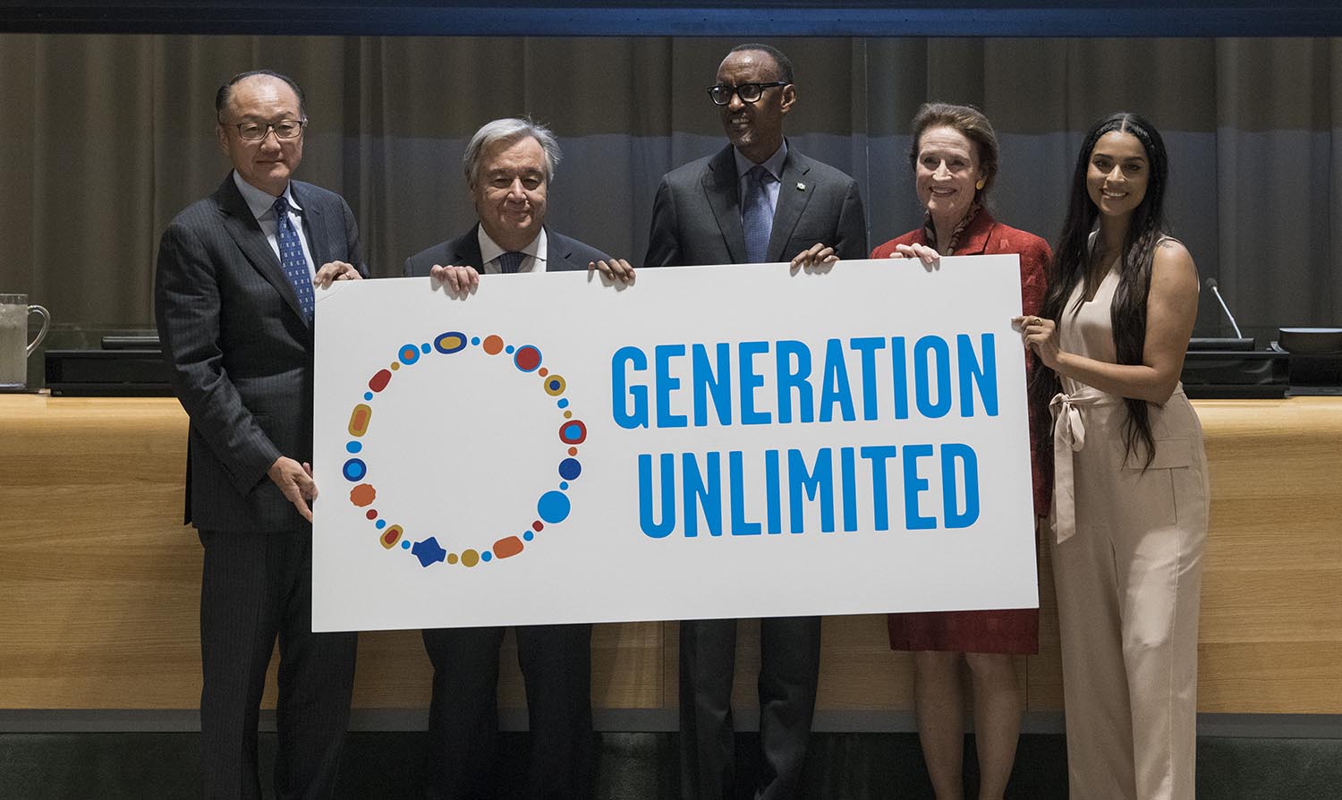 President Kagame with UN Secretary General Antu00f3nio Guterres (2nd left) and World Bank Group President Jim Yong Kim (left). Others are UNICEF Executive Director Henrietta Fore (2nd right) and Indian-Canadian actress, Lilly Singh, a UNICEF Goodwill Ambassador (right), during the launch of the Generation Unlimited initiative in New York yesterday. The initiative will champion youth empowerment across the globe. Village Urugwiro.