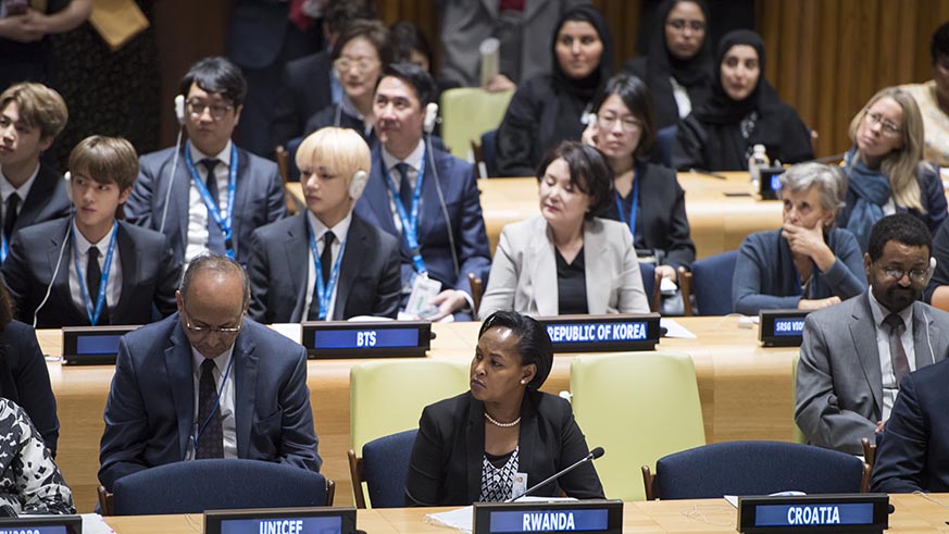 Rwandaâ€™s Minister for Youth, Rosemary Mbabazi (centre), and other delegates during the launch of â€˜Generation Unlimitedâ€™ in New York yesterday. Village Urugwiro.