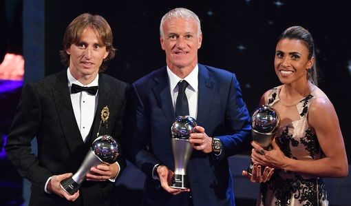 Luka Modric (L) claimed the FIFA Best Men's Player of the year, Didier Deschamps (C) won the Men's Coach of 2018 Award while Brazilian Marta (R) clinched a record sixth Best Women's Player of the year award. Net photo