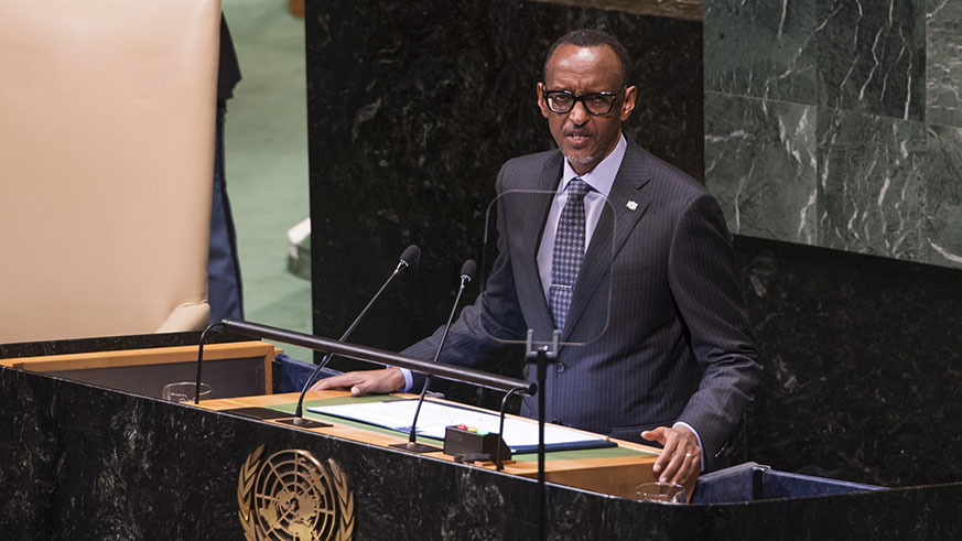 President Kagame addresses the 73rd UN General Assembly session in New York yesterday.  Village Urugwiro.