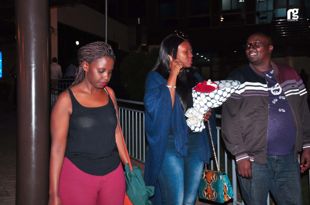The 'Kponlongo' star, Waje (second left) was welcomed at Kigali International Airport by RG Consult, organisers of the Kigali Jazz Junction. Courtesy photos.