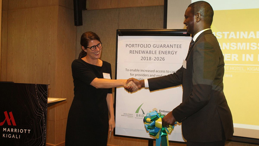 Swedenu2019s ambassador to Rwanda Jenny Ohlsson and BRD CEO Eric Rutabana shake hands after signing the MoU in Kigali, yesterday. Courtesy.