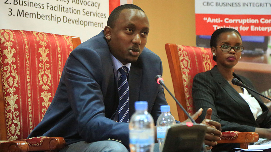 Sebera addresses the media as Uwera looks on in Kigali yesterday. (Sam Ngendahimana)