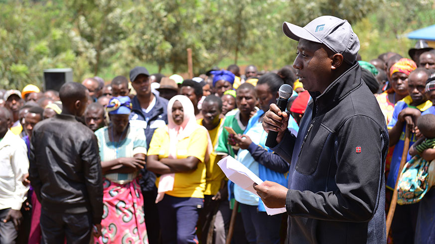 Prime Minister Edouard Ngirente speaks to residents of Nyagatare District about the essence of upholding unity and reconciliation after Umuganda community work yesterday. Courtesy.