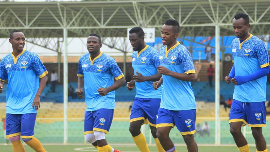 From L-R; Jean Claude Iranzi, Muhadjiri Hakizimana, Herve Rugwiro, Kevin Muhire and Dany Usengimana are all part of the 27-man Amavubi squad currently in camp in Bugesera. They are seen here in a training session at Kigali Stadium last month. File photo.