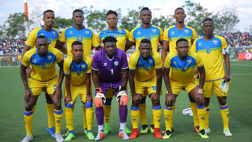 Djihad Bizimana (#4) and Salomon Nirisarike (#14) will link up with their teammates in Guinea on October 9. Pictured is Amavubiu2019s starting eleven that lost 2-1 to Ivory Coast in Kigali last month. File photo.