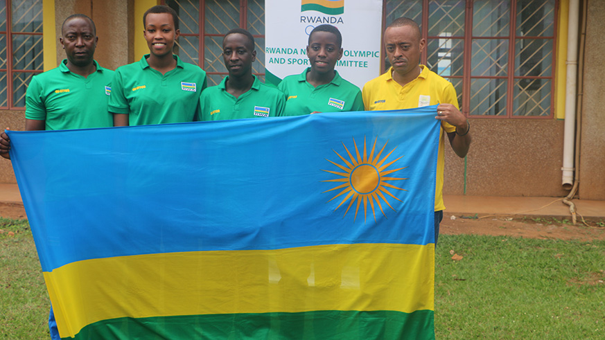 Middle distance runner Aimu00e9 Phraditte Bakunzi (centre) will represent the country in menu2019s 3000 metres category. Damas Sikubwabo.