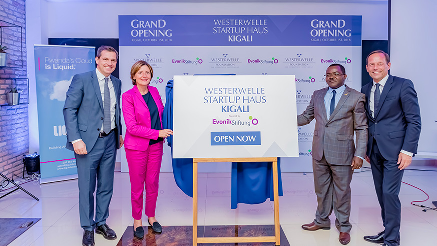 From left: Michael Mronz, Chairman Westerwelle Foundation; Malu Dreyer, Minister-President of  Rhineland-Palatinate, a German state; Vincent Munyeshyaka, Rwandau2019s Minister for Trade and Industry, and Thomas Wessel, Chief HR and Labor Relations Manager of Evonik Industries at the opening of the hub. / Courtesy.