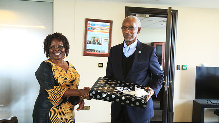 Sithembiso Nyoni (left) and Francois Ngarambe at RPF Headquaters yesterday. Photo/ Sam Ngendahimana