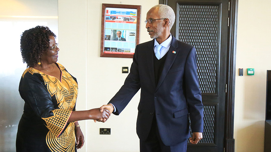 Sithembiso Nyoni (left) and Francois Ngarambe at RPF Headquaters yesterday. Photo/ Sam Ngendahimana