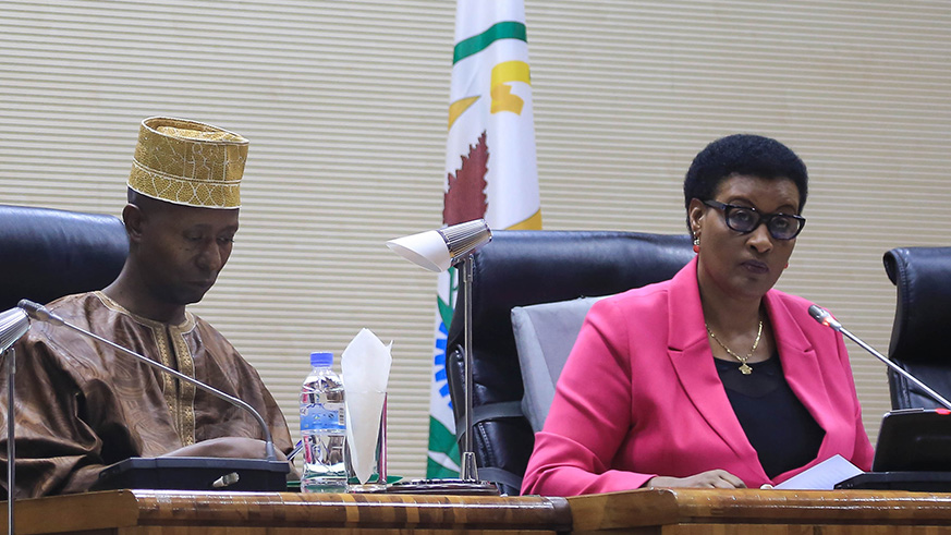 Speaker of the Chamber of Deputies Donatille Mukabalisa (right) speaks at the opening of the Houseu2019s first sitting as Vice Speaker Sheikh Musa Fazil Harelimana looks on at Parliament yesterday. Nadege Imbabazi.