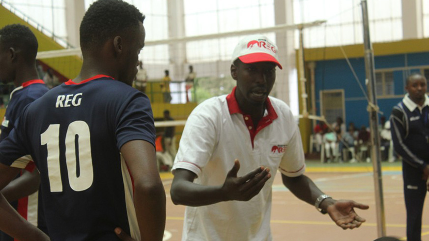 Pierre Marshal Kwizera shouts instructions to his REG players during a past playoff match at Amahoro Indoor Stadium. File photo.