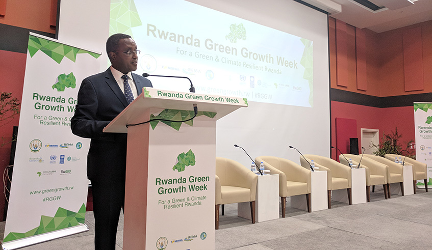 Environment Minister, Vincent Biruta makes his opening remarks at the launch of the Green Growth Week at Kigali Convention Centre  last year. (Courtesy photo)