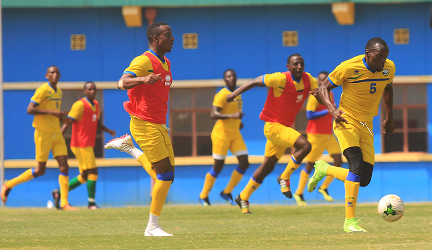 Amavubi striker Meddie Kagere (with the ball) during their last training session at Amahoro Stadium yesterday. Sam Ngendahimana.