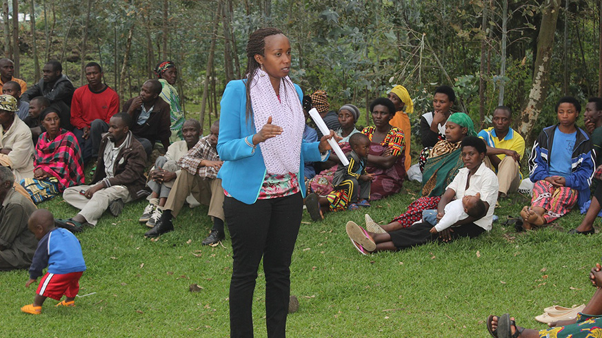 Valentine Mukanyarwa, from Strive Foundation Rwanda, addresses parents on inclusive education for disabled children. Photo/Regis Umurengezi