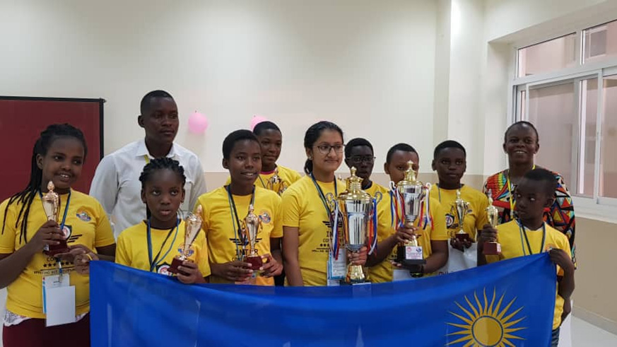 Students from Rwanda pose with their medals after the competition, in Dubai. Courtesy