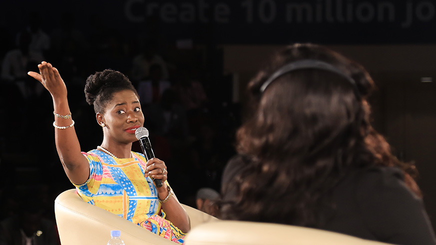 Chief Executive Officer of Dressmeoutlet.com Olatorera Oniru speaks on a panel discussion during Youth Connekt Africa summit yesterday. Nadege Imbabazi