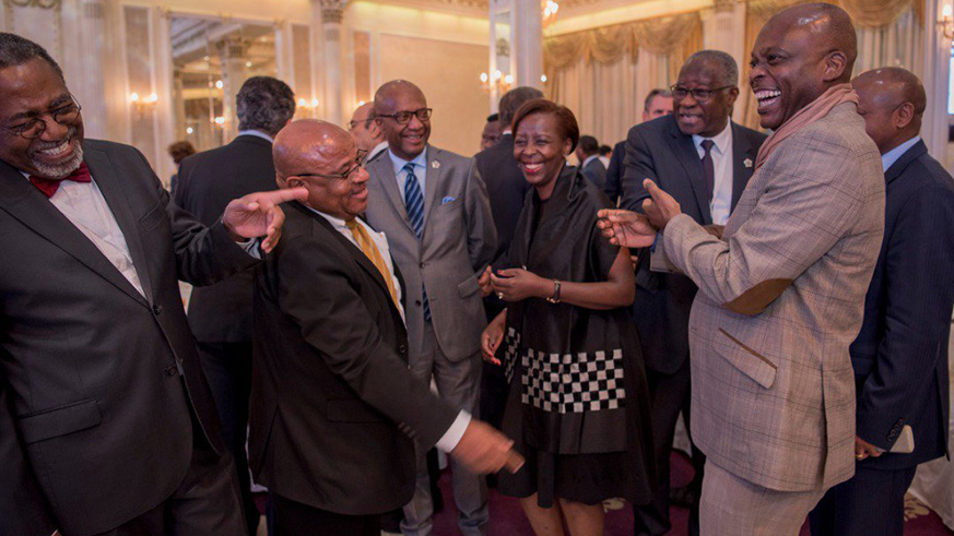 African delegates attending La Francophonie summit in Armenia share a light moment.  