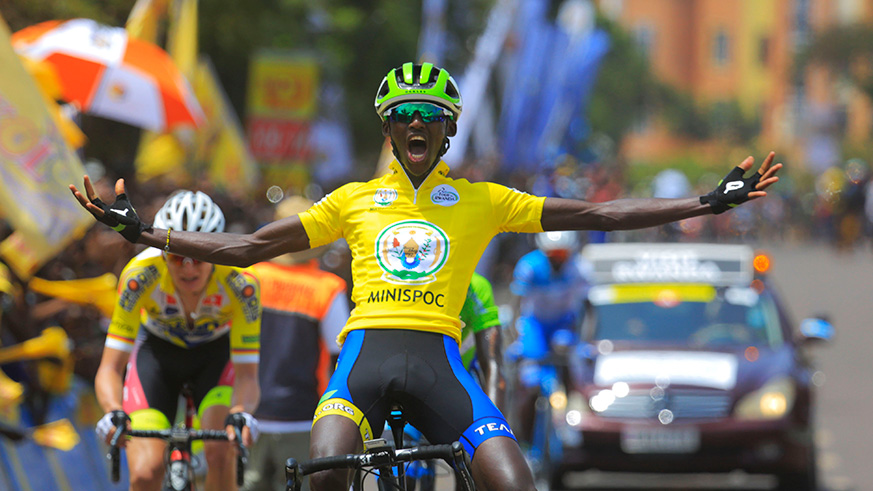 Tour du Rwanda 2018 champion Samuel Mugisha celebrates on crossing the finish line during the race. Sam Ngendahimana.