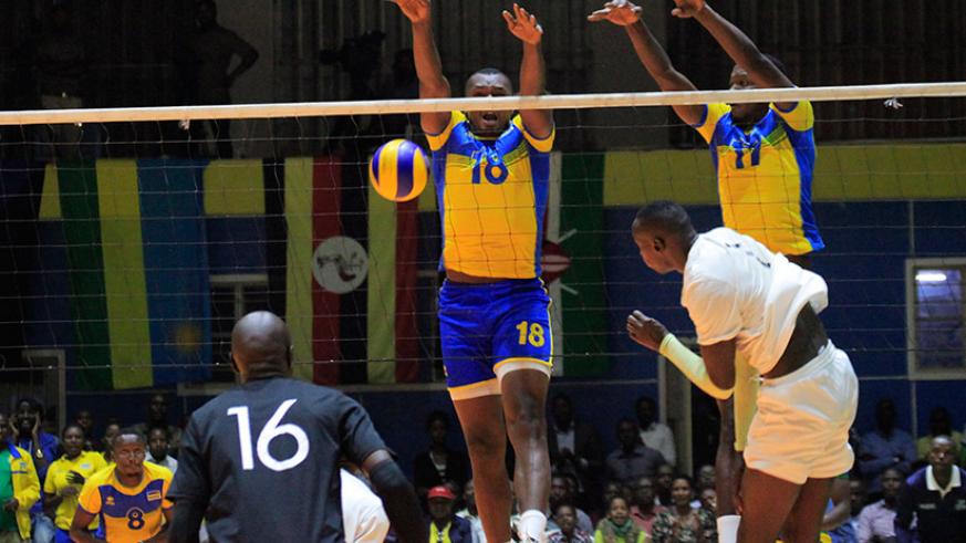 National men's volleyball team in action against Kenya during Zone V championship at Amahoro indoor Stadium. The National volleyball league for 2018/2019 season will kick off on November 10. (File)