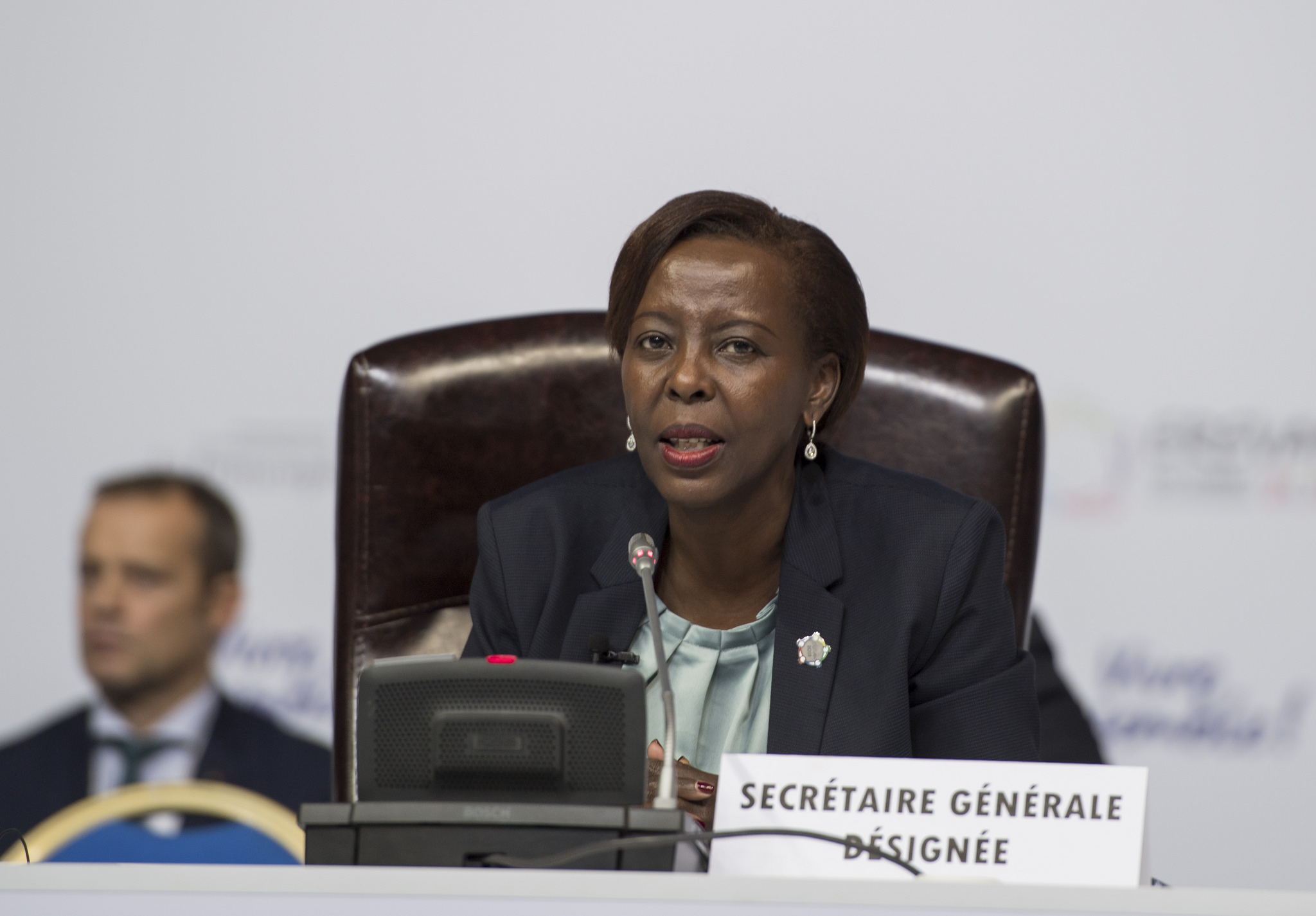 Mushikiwabo addressing a news conference after she was elected Secretary General in Armenia on Friday.