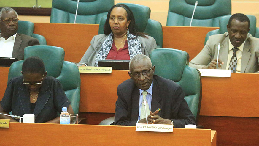 Senator Chrysologue Karangwa makes a point during the session on mismanagement of public funds on Wednesday. Sam Ngendahimana.