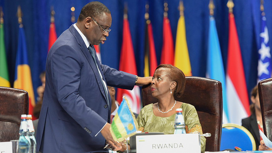 Senegalese President Macky Sall chats with Mushikiwabo during the OIF Heads of State and Government Summit in Armenia, on Thursday.