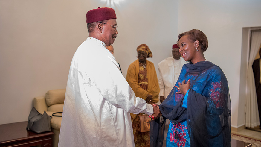Louise Mushikiwabo meets Niger President, Mahamadou Issoufou, before the election victory.