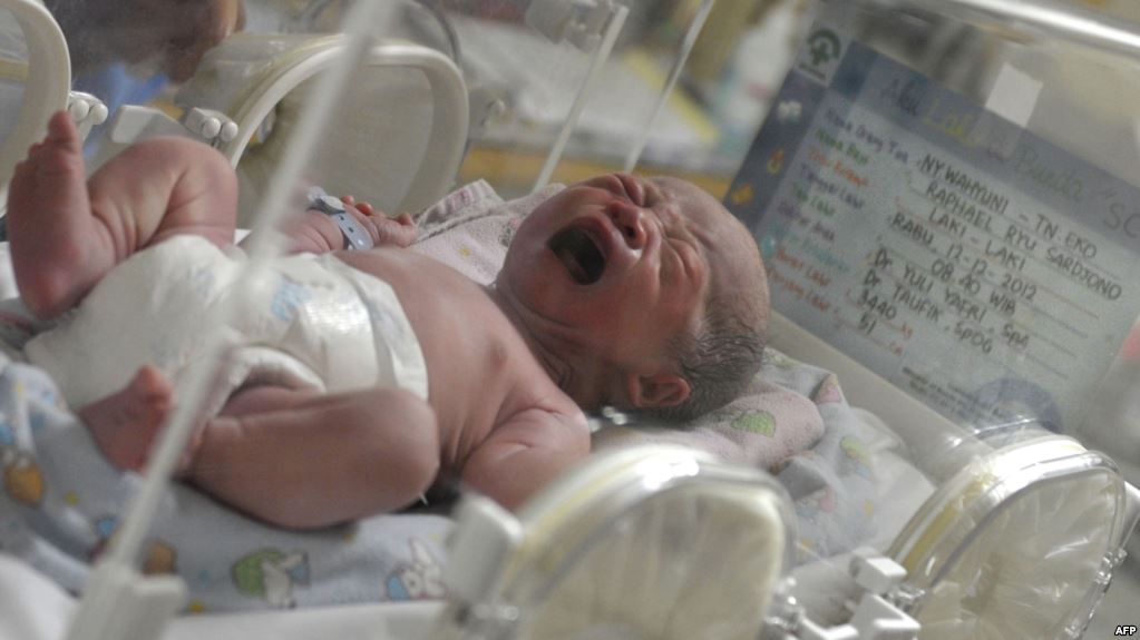 A newborn, one of 12 babies born by C-section, cries inside an incubator at the Bunda Hospital in Jakarta, Indonesia. Net photo.
