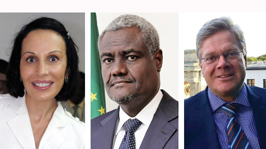L-R: Sylvia Bongo Ondimba, Moussa Faki Mahamat and Amb. Peter Woeste. (Net photos)