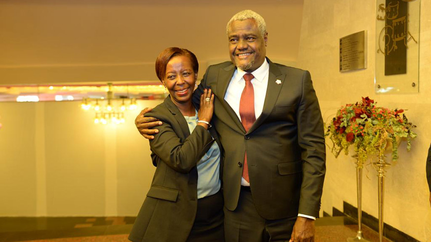AU Commission  Chairperson, Moussa Faki Mahama congratulates Mushikiwabo shortly after her election yesterday.