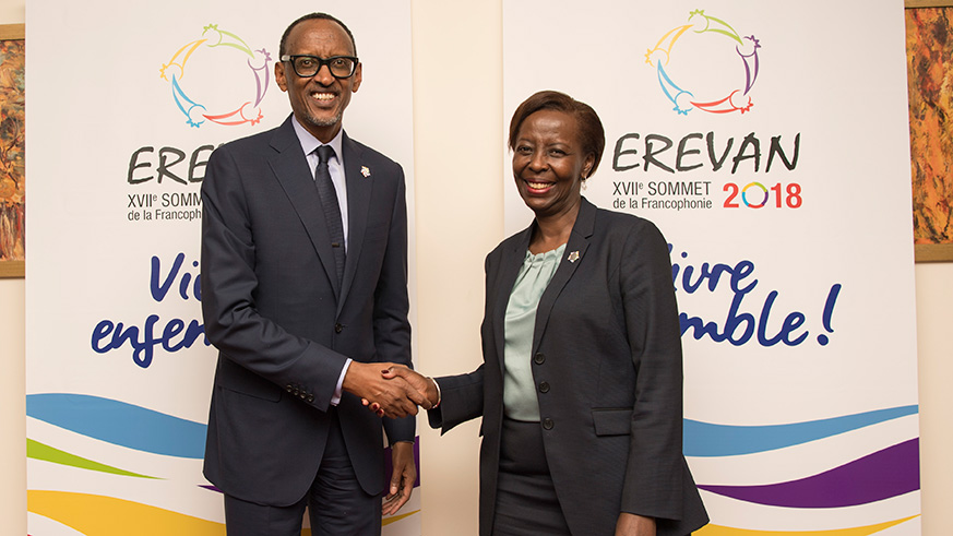 President Kagame congratulates Mushikiwabo after she was elected to the helm of the 84-nation bloc took place on Friday during the 17th OIF summit in Yerevan. (Village Urugwiro)