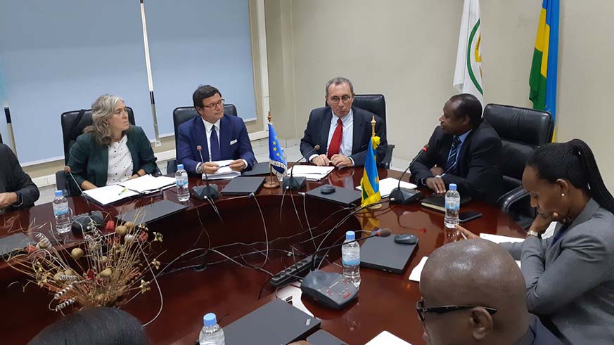 Stefano Manservisi (centre) and his delegation in a meeting with Finance Minister Uzziel Ndagijimana in Kigali yesterday. The discussions focused on cooperation between Rwanda and the EU. Courtesy