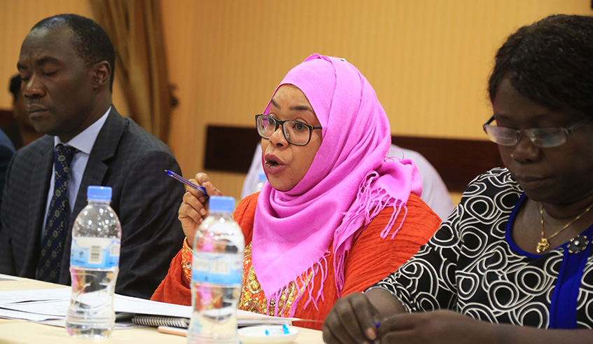 A member of the East African Legislative Assembly, Maryam Yahya Ussi (centre), the leader of a visiting EALA delegation, speaks at a meeting in Kigali, yesterday, as part of ongoing consultation on the East African Community Whistleblowers Protection Bill, 2018.  Photo/Sam Ngendahimana.
