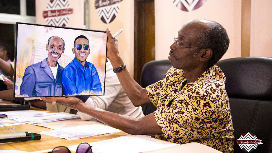 Judge Kennedy Mazimpaka admires a portrait of him and his son, the host of the contest, Arthur Nkusi, by one of the contestants.
