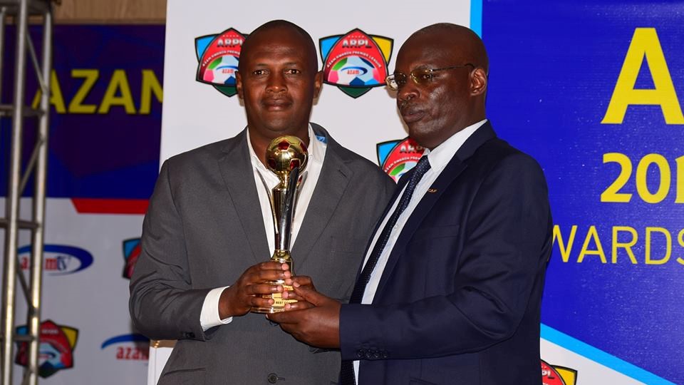 Musanze FC head coach Emmanuel Ruremesha (left) was named Coach of the Year, edging APR's Ljubomir Petrovic and Francis Haringingo of Mukura. / Courtesy