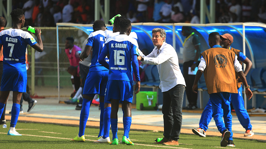 Rayon Sports head coach Roberto Robertinho Oliveira barks instructions to his players during a past CAF Confederation Cup match at Kigali Stadium.  Sam Ngendahimana.